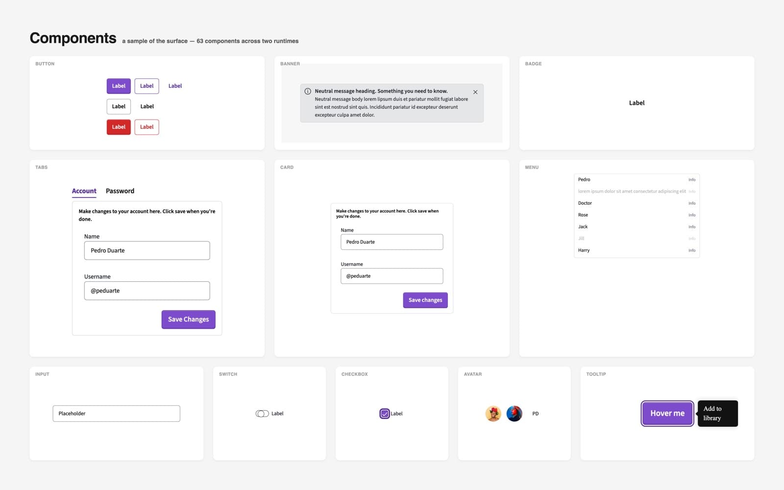 Component grid from the government technology platform — Button, Tabs, Card, Slider, Banner, Tooltip, Toast, and other form controls.